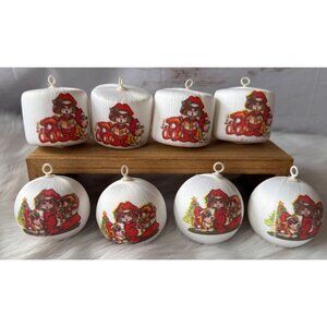 Set Of 8 Vintage White Satin Ball Ornaments - Children & Dogs - Pyramid